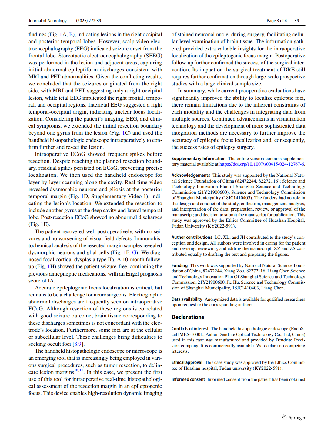 Intraoperative identifcation of epileptogenic foci using handheld  histopathologic endoscopy: a case report(图3)