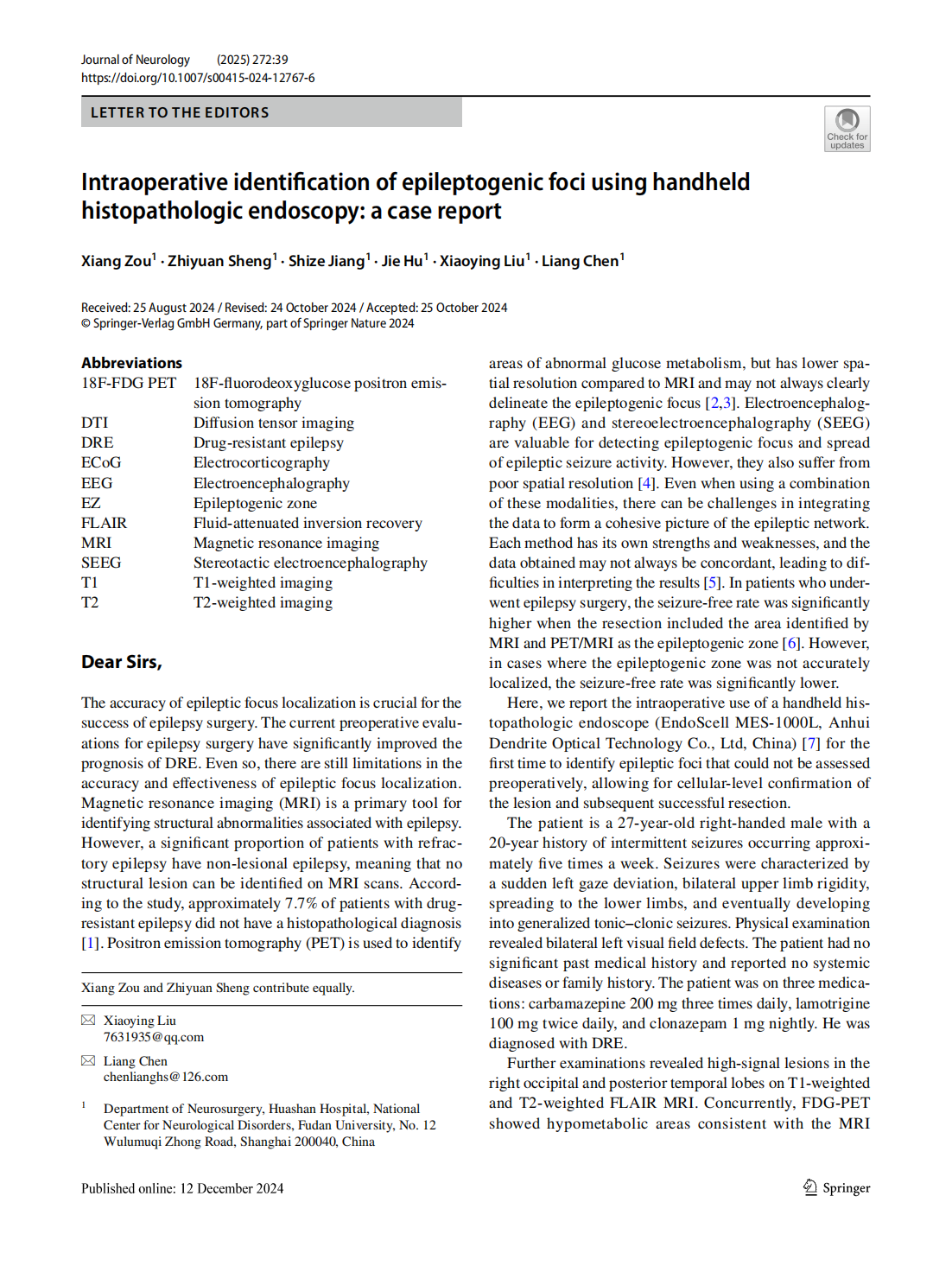 Intraoperative identifcation of epileptogenic foci using handheld  histopathologic endoscopy: a case report(图1)